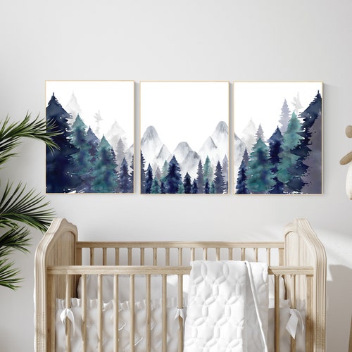 Nursery Decor Woodland Mountain Wall Art Tree Nursery Decor Etsy