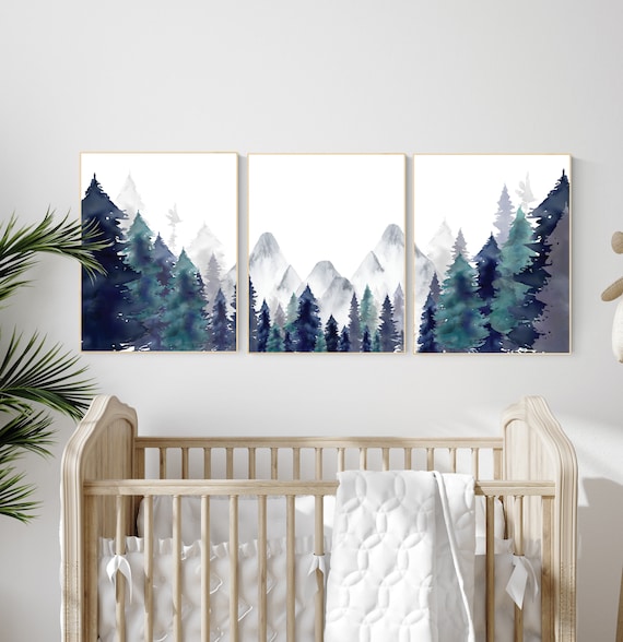 Nursery decor woodland, mountain wall art, tree nursery decor, adventure theme nursery, forest, navy and teal, woodland animals