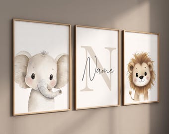 Stampe per la cameretta dei bambini con animali del safari: acquerello di leone, giraffa, elefante (set di 3)