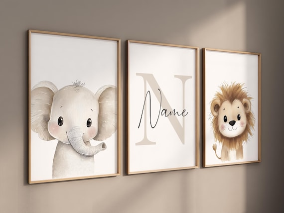 Safari Animal Nursery Prints: Watercolor Lion, Giraffe, Elephant Art (Set of 3)