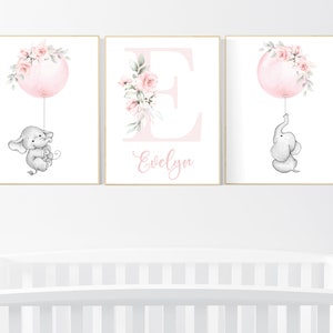 Nursery decor girl flowers, nursery wall art girl, elephant nursery wall decor, blush pink, floral nursery, name nursery print, girl nursery
