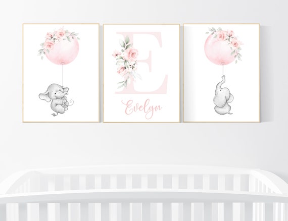 Nursery decor girl flowers, nursery wall art girl, elephant nursery wall decor, blush pink, floral nursery, name nursery print, girl nursery