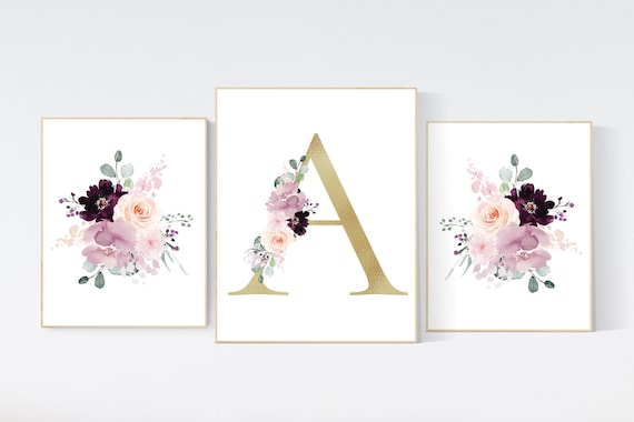 Nursery decor girl purple, mauve, Burgundy, floral nursery, flower nursery, butterfly, nursery prints girl, nursery wall decor girl, name