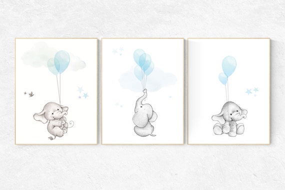 Blue nursery decor, nursery decor elephant, animal prints, nursery decor boy elephant, baby room, blue nursery, nursery decor blue, balloon