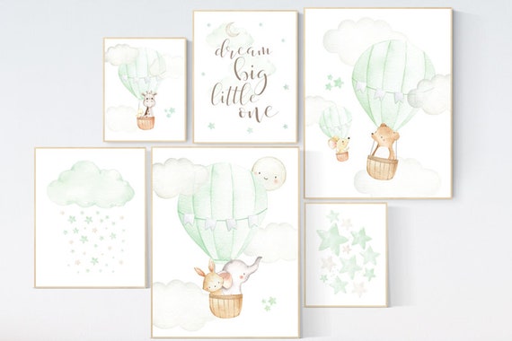 Nursery decor green, nursery decor hot air balloon, travel, gender neutral, green baby room decor, sage green, nursery art, nursery ideas