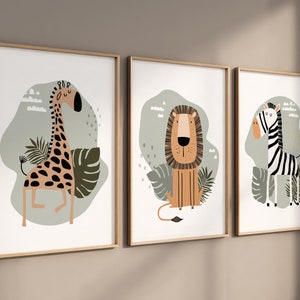 Safari Nursery Wall Prints, Boho Nursery Prints, jungle animals, Sage Green Nursery Art, animal Nursery Decor, animal prints image 1