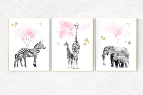 Animal prints for nursery, Pink gold Nursery, Safari Nursery, watercolor animals, woodland animals, Nursery decor elephant, zebra, giraffe