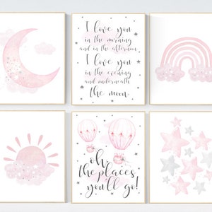 Nursery prints girl, pink grey, rainbow, moon and star, cloud, sun, baby room decor, girl nursery wall art, pink gray, nursery wall decor