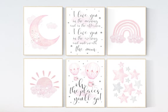 Nursery prints girl, pink grey, rainbow, moon and star, cloud, sun, baby room decor, girl nursery wall art, pink gray, nursery wall decor