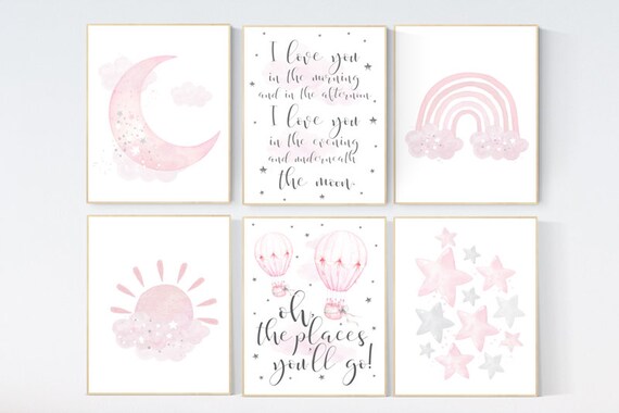 Nursery prints girl, pink grey, rainbow, moon and star, cloud, sun, baby room decor, girl nursery wall art, pink gray, nursery wall decor