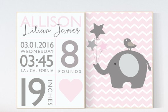 Birth stats wall art, elephant nursery decor, Baby girl nursery decor, pink nursery decor, girls room wall art, baby room, elephant nursery