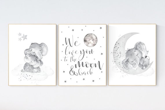 Grey nursery wall art, elephant nursery wall art, moon and stars, gender neutral, gray nursery art, baby room decor, neutral, twin nursery