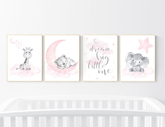 Animal prints, Nursery decor girl, elephant, bear, giraffe, animal nursery, bear nursery, pink gray, woodland animals, dream big little one