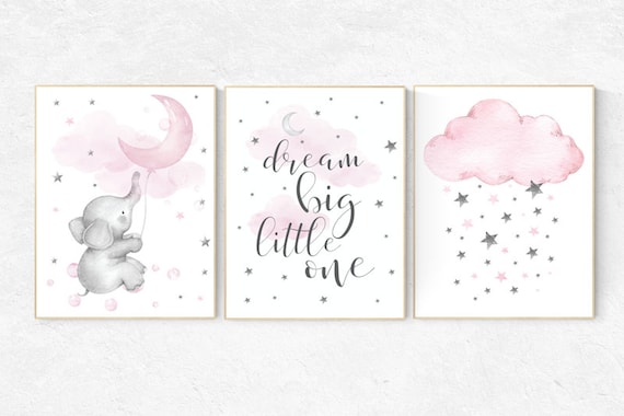 Nursery decor girl pink and gray, nursery decor girl pink, Elephant nursery, pink nursery, dream big little one, cloud nursery wall art