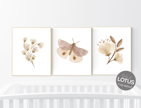 Boho nursery, flower nursery, girl nursery decor boho, neutral nursery, Boho Butterfly Floral Set, Butterfly Nursery Wall Art, Neutral