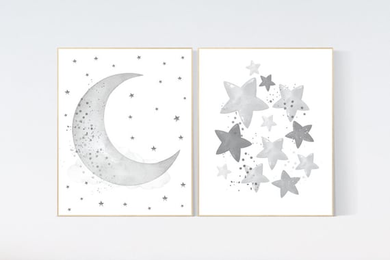 Grey nursery decor, gray nursery decor, moon and cloud nursery decor, grey, moon and stars nursery, gender neutral nursery wall art