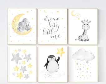 Yellow Gray Nursery Wall Art: Giraffe, Elephant Prints