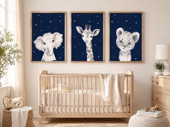 Safari Nursery Prints: Navy Baby Animal Wall Art
