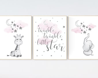 Elephant Giraffe Nursery Art Prints: Moon & Stars Decor