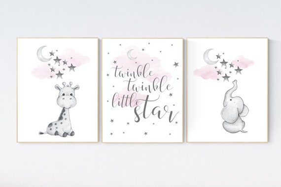 Girl nursery decor elephant, Nursery wall art elephant, nursery wall art girl, giraffe nursery, nursery girl wall art, moon and stars