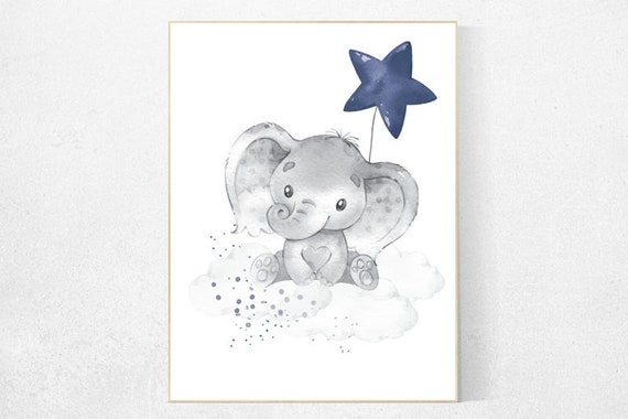 Nursery decor elephant, navy nursery decor, cloud and stars, moon and stars, navy blue nursery art. baby room wall art, elephant nursery