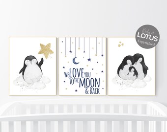Penguin Nursery Art: Gold Stars, Baby Room Decor