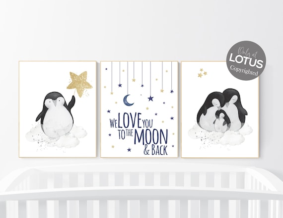 Penguin nursery decor, penguin nursery, gold nursery art, baby room wall art, boy nursery decor, nursery wall art penguin, neutral nursery