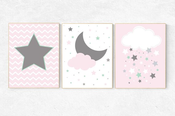 Pink mint Gray Nursery Art, Baby Girl Nursery Decor, Nursery Print, Baby Girl Pink mint  Nursery Art, Baby Girl Wall Art, cloud nursery