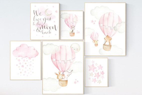 Nursery decor girl woodland, hot air balloon nursery animal, girl nursery wall decor, animal prints for nursery, nursery set for girls