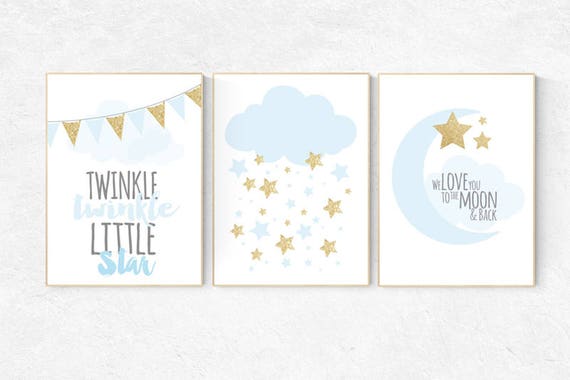 Twinkle twinkle little star, blue gold nursery, boys room decor, cloud nursery wall art, blue and gold, we love you to the moon and back