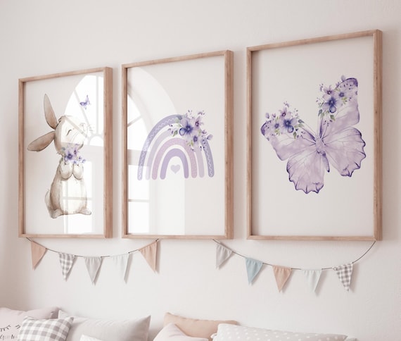 Purple Nursery Wall Art Set of 3, Bunny Rainbow Butterfly Prints
