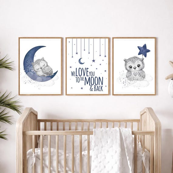 Navy Blue Owl Nursery Wall Art Set of 3, We Love You to the Moon and Back