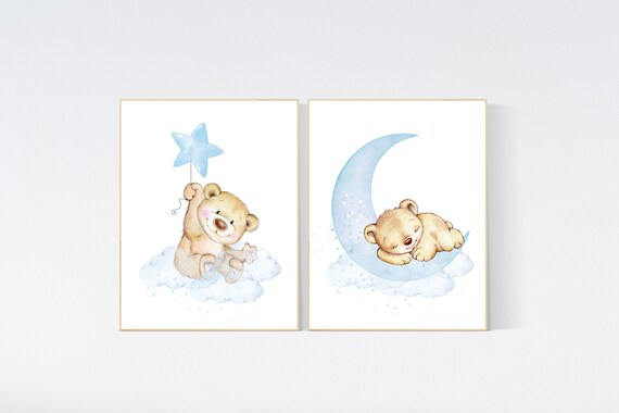 Nursery wall art bear, nursery decor animals,  nursery decor woodland, nursery prints blue, teddy bear, baby blue, baby bear nursery