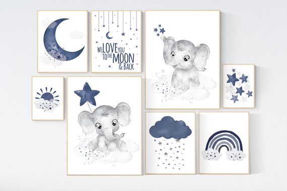 Nursery decor boy elephant, boy nursery decor, moon and stars, navy nursery, boy nursery art, we love you to the moon and back, navy blue
