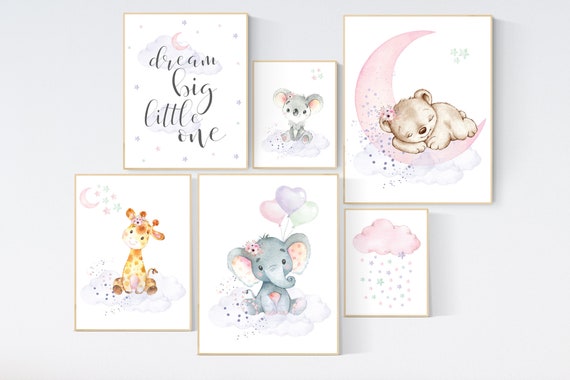 Nursery decor girl animals, nursery prints set, Nursery decor jungle, nursery prints animal, pink nursery art, elephant giraffe bear