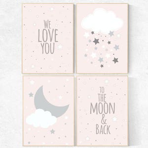 Pink Nursery Art Prints: Moon, Stars, Cloud Decor