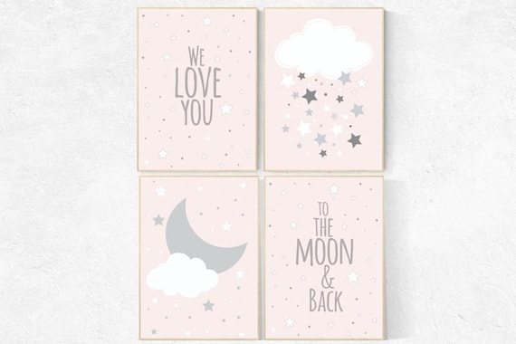 Pink nursery art, We love you to the moon and back, star nursery decor, nursery decor, pale pink, moon nursery, baby girl nursery wall art