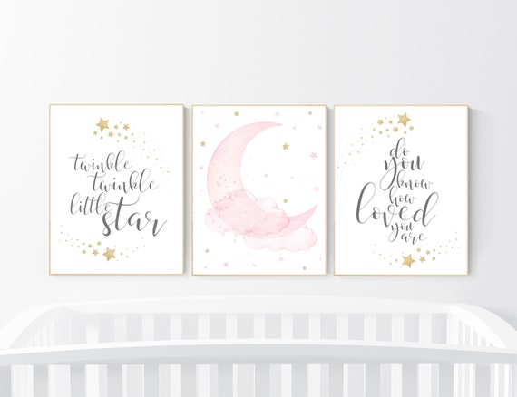 Twinkle twinkle little star, Nursery wall art girl pink gold, baby room decor girl gold and pink, cloud and stars, baby room, moon print