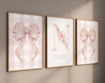 Personalized Nursery Print: Pink Floral Bow, Baby Girl Room Decor