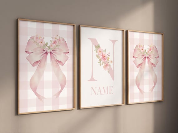 Personalized Pink Bow Nursery Wall Art – Name Monogram Print, Floral Girl Room Decor, Blush Watercolor Bows, Baby Girl Wall Art