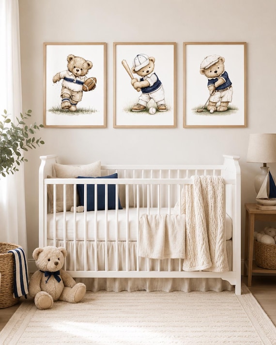 Navy Sports Teddy Bear Nursery Wall Art Set of 3, Boy Nursery Prints