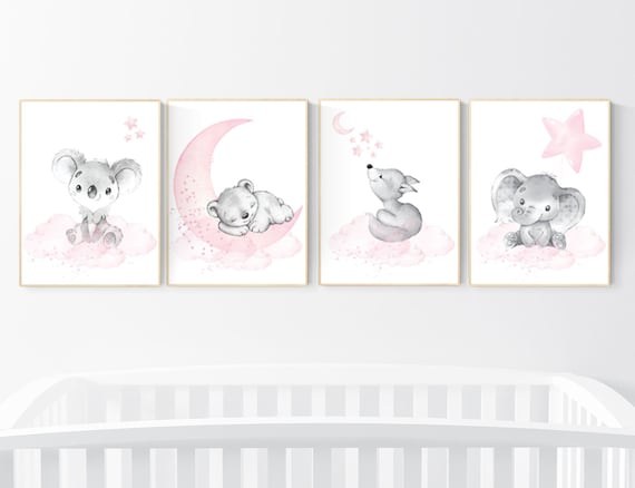 Nursery decor girl animals, pink gray, nursery decor girl woodland animals, teddy bear, elephant, koala, animal prints, girl nursery decor