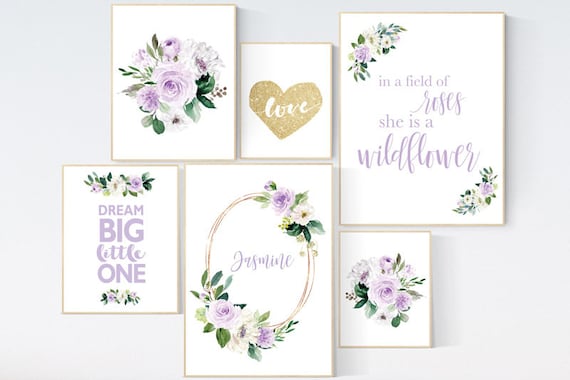 Nursery decor purple, Nursery decor girl purple gold, in a field of roses she is a wildflower, lavender nursery, lilac nursery, girls room