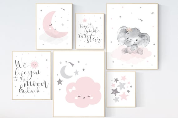 Nursery wall art girl elephant, pink grey, nursery decor girl pink, we love you to the moon and back, moon and stars, baby room decor girl