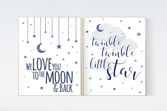 Nursery decor boy navy, twinkle twinkle little star, navy nursery decor, cloud and stars, we love you to the moon and back, navy blue