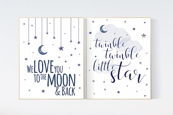 Nursery decor boy navy, twinkle twinkle little star, navy nursery decor, cloud and stars, we love you to the moon and back, navy blue