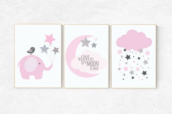 We love you to the moon and back, baby girl nursery wall art, pink silver nursery decor, baby girl, pink silver, elephant nursery baby gift