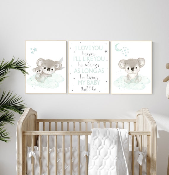 Koala nursery, mint nursery, moon and stars, mint green nursery art, nursery prints animals, gender neutral nursery, koala mother and baby