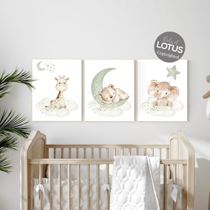 Nursery wall art animals, green nursery, gender neutral nursery, sage green, baby room decor, bear, elephant, giraffe, animal prints