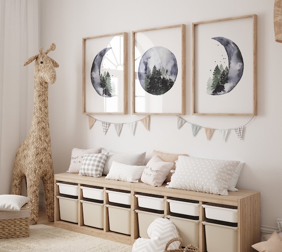 Moon nursery decor, moon print, navy blue nursery, sage nursery, full moon print, gender neutral, woodland nursery, moon nursery